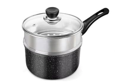IH対応 ミルクパン ガラス蓋付 揚げ物 一人鍋 オール熱源対応 マーブルコーティング 中華鍋 お手入れ簡単 ノンスティック加工 こびりつきにくい 高熱効率 洗いやすい (20cm,鍋+蓋+ステンレス製蒸し器)