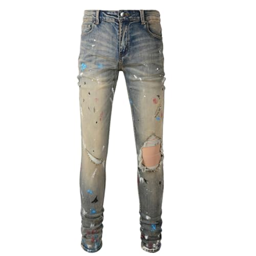 Jeans Pants Trouser Denim Men Stretch Slim Fit Skinny Worn Hole Trendy Street Piercing Retro Splash Spray Paint Dots Graffiti Small Foot(Light Blue,29)
