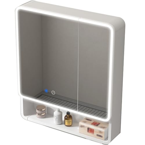 Armario con espejo de baño montado en la pared con aluminio blanco, sobre el inodoro, luz LED, 60 x 70 cm y nizer de baño funcional