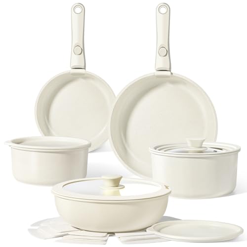 Image of GiPP Ceramic Pots and Pans Set Non Stick, Nonstick Detachable Handle Cookware Sets, Healthy Non Toxic PFAS PFOA & PTFE Free, Dishwasher &Oven Safe, Induction Kitchen Pot and Pan, 15 Piece Cream