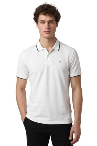 Image of Peter England Men's Snug Fit Solid Polo T-Shirt with Coloured Collar Tipping| Cotton Rich| Premium Pique Weave