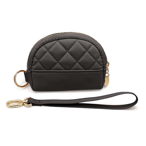 M-Plateau Quilted Nylon Coin Purse, Womens Small Wallet with Detachable Pouch Wristlet, Credit Card Holder with Zipper for Travel (Pure Black)