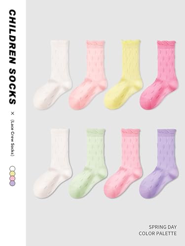 Girls Socks Dot Pattern Ruffed Crew Mid-Calf Solid Boneless Mesh Cute Casual Socks for Girls 4 Pairs2