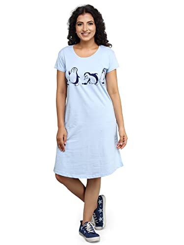 Image of Meerkat Women Short Sleeve Knee Length Cotton Knits Printed Short Nighty /Long Shirt /Midi