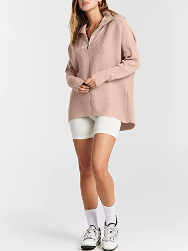 Anrabess Women's 1/4 Zipper V Neck Collared Long Batwing Sleeve Oversized Slouchy High Low Hem Knit Tunic Sweater 758Fense-L Pink #TOP4