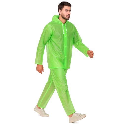 Image of Pivalo EVA Rainsuit Set 75 GSM with Adjustable Hood Full Sleeves Lightweight Raincoat with Pants waterproof Reusable Outdoor Travel Rainwear for Bike Riders Men (Pack of 1, Neon Green)