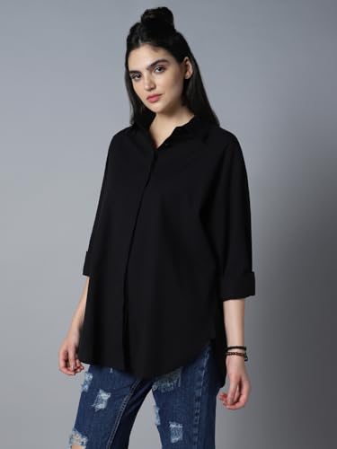 Image of High Star Relaxed Oversized Spread Collar Long Sleeve Cotton Longline Casual Shirt