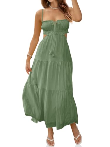 Fisoew Women's Spaghetti Strap Maxi Dress Summer Sleeveless Side Cut Out Dress Casual Boho Backless Flowy Long Dresses Light Green
