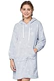 RAM KING Women's Long Nightgown Hooded Fleece Nightdress Plush Full Length Loungewear with Pockets Grey
