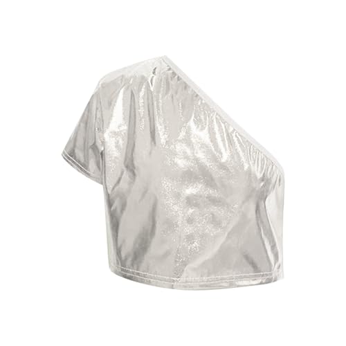 Metallic Crop Top for Girls 2025 One Shoulder Short Sleeve Shinny Clubwear Party Tops Kids Dancewear Streetwear Tees3