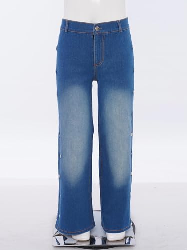 Kids Girls Side Split High Waist Denim Pants Button Up Long Wide Leg Casual Jeans with Pockets4