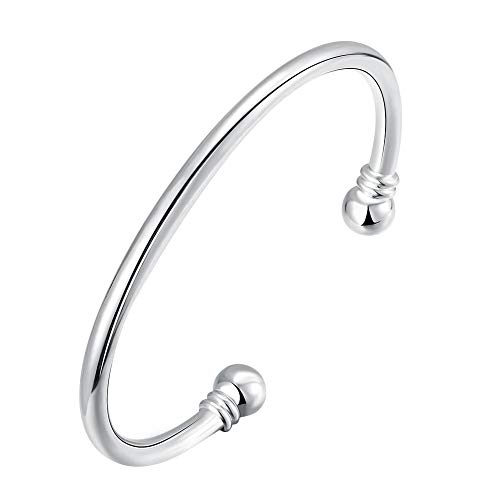 Cutesmile 925 Sterling Silver Bangle Bracelet, Fashion Simple Open Bangles Two Bead Cuff Jewelry for Men Women