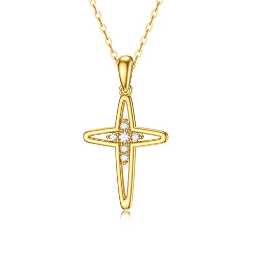 14K Solid Gold Cross Necklace with Premium Moissanites, Real Yellow Gold Cross Pendant Fine Blessing Jewelry Gift for Women 18 inch Gold Adjustable Chain