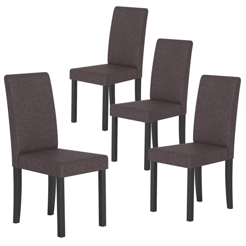 Image of COSTWAY Fabric Armless Dining Chairs Set of 4, Upholstered Kitchen Side Chair w /Rubber Wood Legs, Padded Seat & High Backrest, Mid-Century Modern Accent Chairs for Living Room Restaurant (Brown)