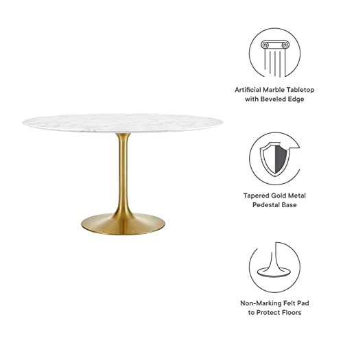Image of Modway Lippa 54 inch Mid-Century Dining Table with Round Artificial Marble Top in Gold White