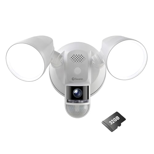 Swann 4K Floodlight Security Camera,Security Camera Outdoor with a 32GB Micro SD Card, 2-Way Talk, 2600 Lumens, Motion Detection, Color Night Vision, Wired, Waterproof