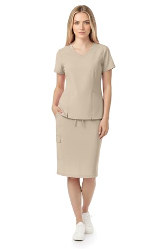 MediChic Womens Premium Medical Uniform Skirt Set V-Neck Scrub Top & Scrub Skirt Soft Stretch Fabric 4-Way Stretch Lightweight Nursing Scrubs with 6 Pockets