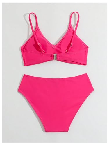 Image of MakeMeChic Girl's Solid Summer Bikini Sets Two Piece Bathing Suit V Neck Adjustable Strap Swimsuit Swimwear Hot Pink 8 Years