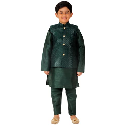 Image of Pro-Ethic Style Developer Kurta Pajama For Kids Boys With Waistcoat | Silk | Floral | Traditional Dress (S-200)