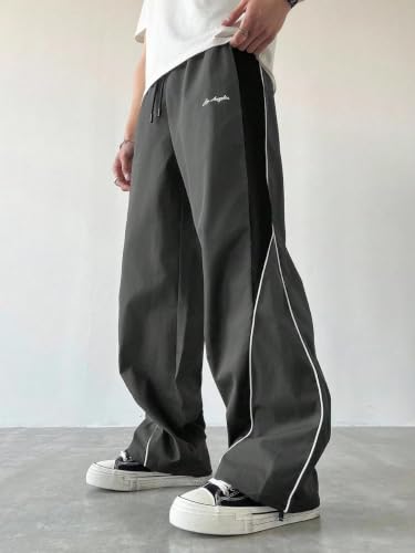Image of GRECIILOOKS Track Pants for Men Baggy Wide Leg Korean Streetwear Trousers | Relaxed Fit Baggy Pants for Men with Drawstring Waist | Casual Oversized Lower for Travel, College & Everyday Wear