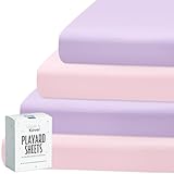 Pack and Play Sheets Fitted 4 Pack, Breathable Baby Playard Mattress Sheet Compatible with Graco Pack n Play, Mini Crib Sheets Fitted for Girls, Pink & Purple Playpen Mattress Sheets