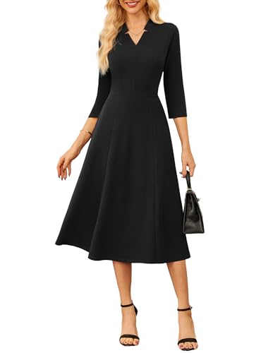 GRACE KARIN Damen V-Ausschnitt Midikleid Elegant 3/4 Ärmel A-Linie Cocktailkleid Schwarz M