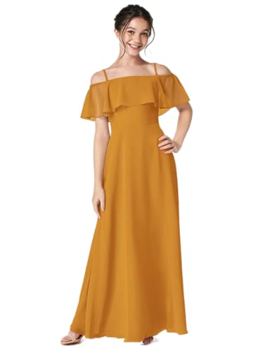 Junior Girls Bridesmaid Dress for Wedding Chiffon Off Shoulder Flower Girl Dresses for Teen Spaghetti Straps