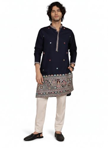 Image of Amazon Brand - Tavasya Men Printed Kurta with Ethnic Motif Border | Special Haldi Kurta | Festive Embellished Long Kurta | Embroidery Kurta | Ethnic Wear | Mandarin Collar | Knee Length