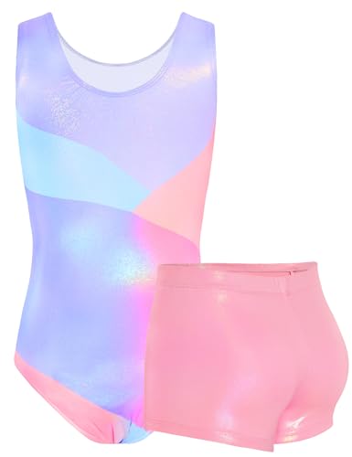 TENVDA Gymnastics Leotards for Girls 5-12 Years Old Sparkly Dance Tumbling Outfit Matching Shorts Set