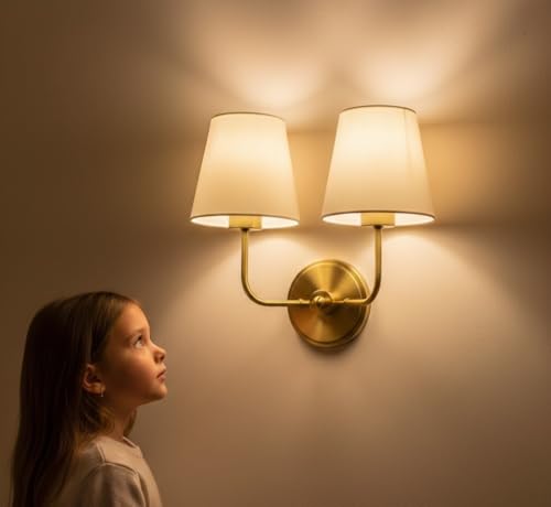 Image of Royal Aura Vintage Gold Wall Lamp | Classic Cream Fabric Pleated Shade | Dual Arm Metal Frame | Decorative Lighting Fixture for Living Room & Bedroom