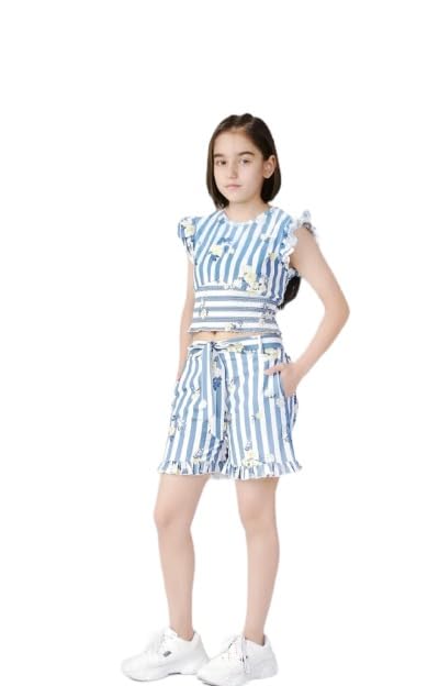 Image of Girls Designer Floral Print Frilled Top with Shorts Set Casual Chic: Girls Stylish Top bottom Set Ensemble Stripe Elegance: Printed Style Cotton Western Dress