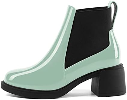 AMBELIGHT Women's Patent Chelsea Chunky Solid 2.5 Inch Round Toe Ankle High Office Casual Elastic Mid Heel Boots Turquoise Black Size 8 - Tacones para Mujer Elegantes | Image 1