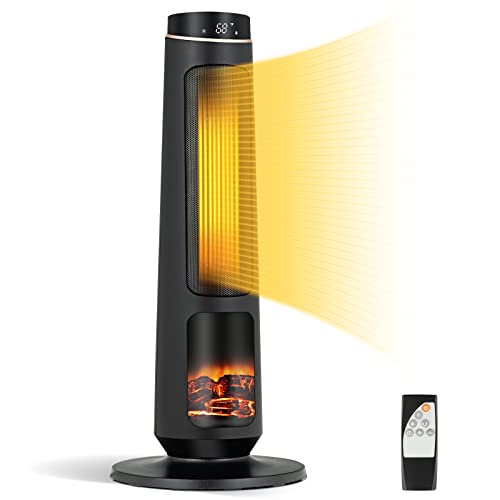 Tangkula 1500W Oscillating Space Heater, Fast Heating Ceramic PTC Tower With Thermostat, Remote, 3 Modes, 12H Timer, Portable With Realistic 3D Flame for Home, Office