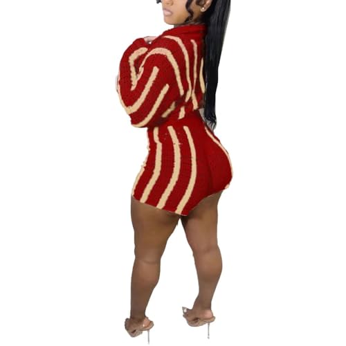 Image of Womens Fashion Stripe Knit Sweater Cardigan 2 Piece Outfits，Long Sleeved Woollen Cardigan and Shorts Suit