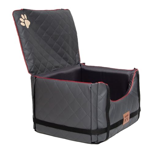 Golden Dog - Transportbox Hund mit Sicherheitsgurt M-52x44x33 cm - Leder Imitation Autositz Hund, Wasserdicht Hundesitz Auto - Beifahrersitz Hundebox Faltbar - Anschnallgurt Hundekorb Auto, Grau