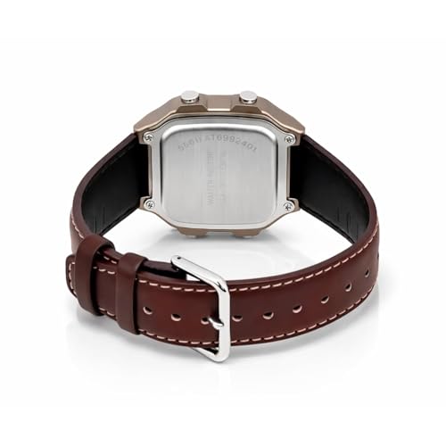 Image of Men's Digital World Time Watch with Brown Leather Strap, Alarm, Chronograph, Illuminator, 100M Water Resistant