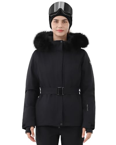 HIGH EXPERIENCE Womens Ski Jacket Snowboard Fitted Slim Belted Snow Coat Warm Winter Mountain Waterproof Windproof Insulated Hooded (US, Alpha, Medium, Regular, Regular, Black)