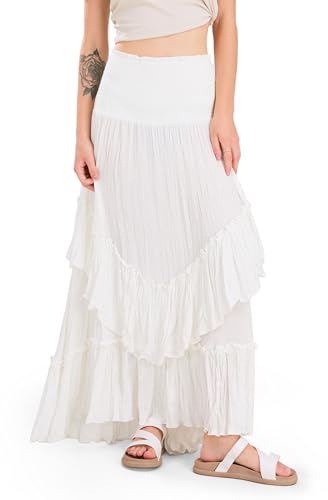 CHARTOU Women Boho Maxi Convertible Skirt Wide Smocked Elastic Waist Asymmetric Ruffle Strapless Dress4