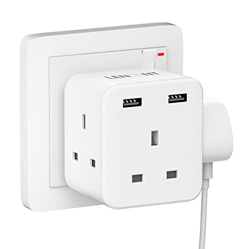 LENCENT Multi Plug Extension with 2 USB, 3 Way 3 Plugs Socket adapter, 5-in-1 Cube Electrical Extender Socket Adaptor