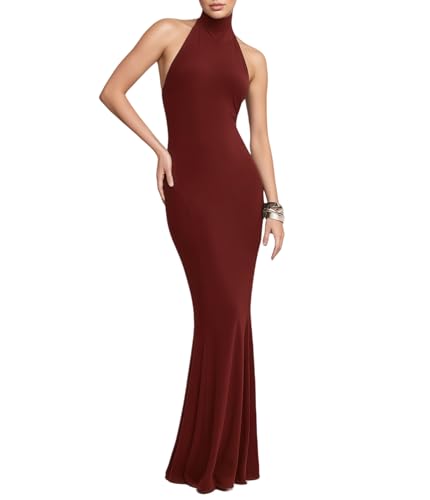 Image of Women's Sleeveless Summer Sexy Backless Maxi Dresses Bodycon Dresses Elegant Halter Turtle Fishtail Gown