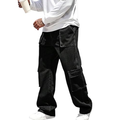 Men's Cargo Denim Jeans, Wide Leg Loose Fit, Blue, Multi-Pocket Design, Casual Streetwear Style, Relaxed Workwear4