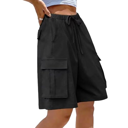 RegaliaKun Baggy Shorts Women Women's Summer Casual Cargo Shorts Elastic Waist Drawstring Hiking Bermuda Short with Pockets Black