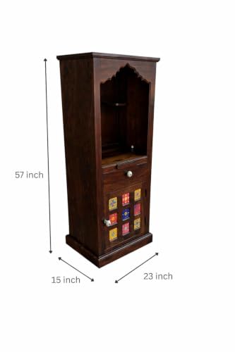 Image of Solid Sheesham Wood Temple for Home & Office /Mandir /God Stand /Pooja Stand /Home Mandap /Mandapam with Cabinet Doors & Multiple Storage /Shelf with Drawers (Walnut TMT, 23x15x57 inch)