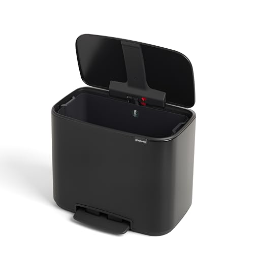 Image of Brabantia Bo Step-On Kitchen Trash Can with Single Compartment | Matt Black | 9.5 Gal Inner Bucket | Soft-Close Garbage Can, Light Pedal Operation, Stay-Open Lid | Fits Against Wall | + Trash Bags