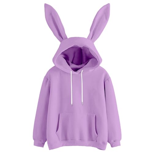 Hoodies For Women Ears Hoodie For Women Oversized Cute Bunny Drop Shoulder Sweatshirt Fashion Long Sleeve Comfort Hooded Sweatshirt Purple X-Large