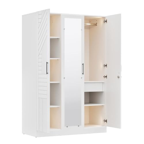 Image of Wakefit Wardrobe for Bedroom | 3 Yr Warranty | Cupboard for Bedroom, Almirah, Wooden Wardrobe, Multi-Shelves Storage with Drawer, Mirror & Hanger, Density:680-750 kg /m, Free Installation(Tyrian- FW)