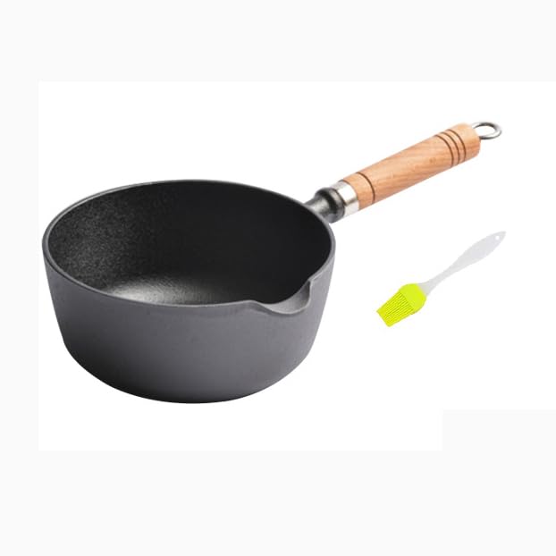 Cacerola de hierro fundido, olla antiadherente de 16 cm con mango de madera para cocinas de inducción, eléctricas y de gas, sartén sin revestimiento