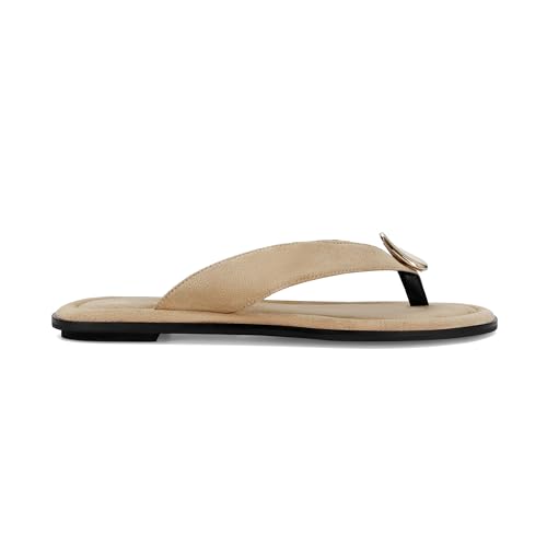 Image of Women's Suede Thong Sandals Flat Flip Flops with Metal Accent Slip On Comfortable Casual Summer Beach Dress Sandals