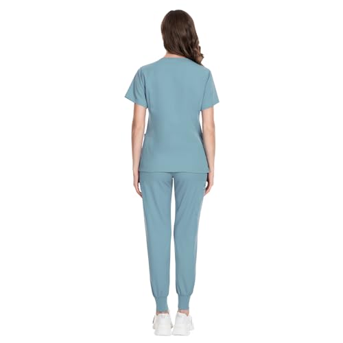 Image of VIAOLI Scrubs for Women Set Modern V-Neck Top & 8 Pocket Jogger Pants Nursing Uniform Solid Stretch Workwear
