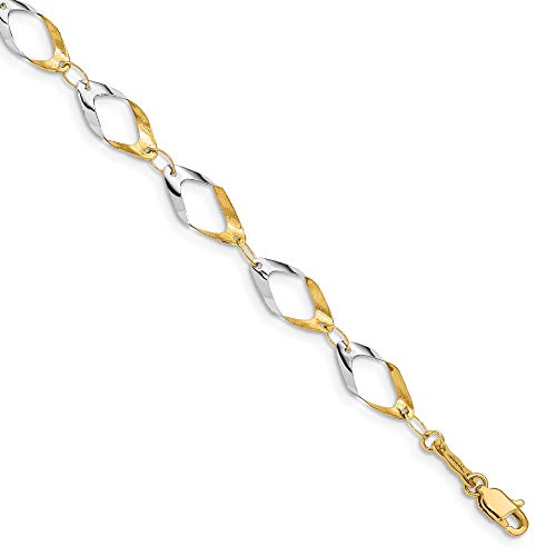 Solid 14k White and Yellow Gold Two Toned With Oval Link Chain Bracelet - with Secure Lobster Lock Clasp 7